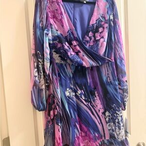 Maison Tara Vibrant Blue and Pink Long Sleeve Dress